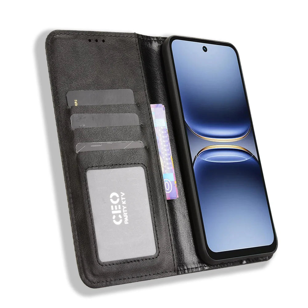 For TECNO Spark 40 4G Leather Case Wallet Stand Retro Texture Phone Cover - Black - 6