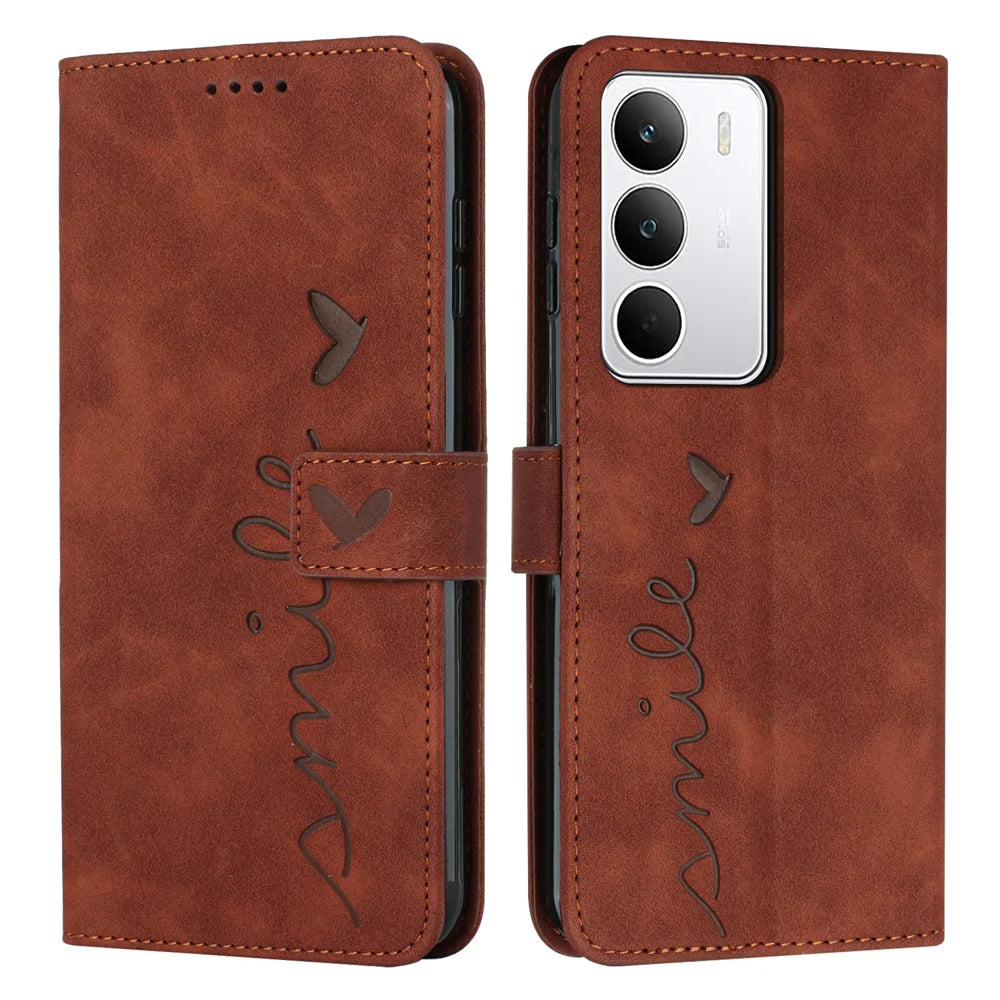 For Realme C71 4G Stand Case PU Leather Phone Cover Imprinted Heart Pattern - Brown - 1