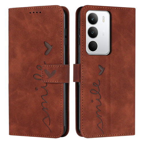 For Realme C71 4G Stand Case PU Leather Phone Cover Imprinted Heart Pattern - Brown - 1