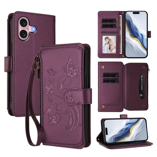 For iPhone 16 Leather Case Butterfly Floral Imprint Zipper Wallet Stand Cover with Wrist Strap - Purple - 1