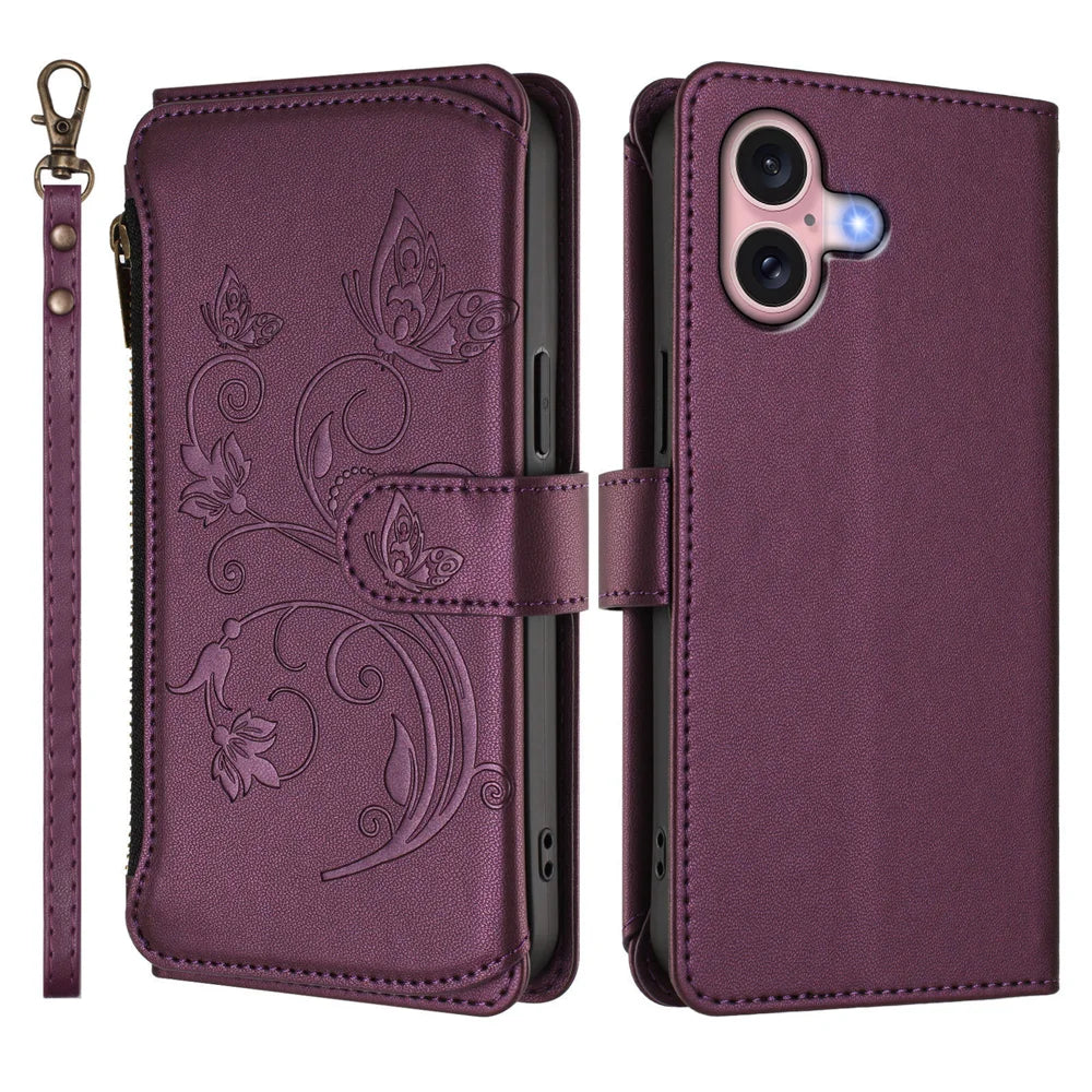 For iPhone 16 Leather Case Butterfly Floral Imprint Zipper Wallet Stand Cover with Wrist Strap - Purple - 2