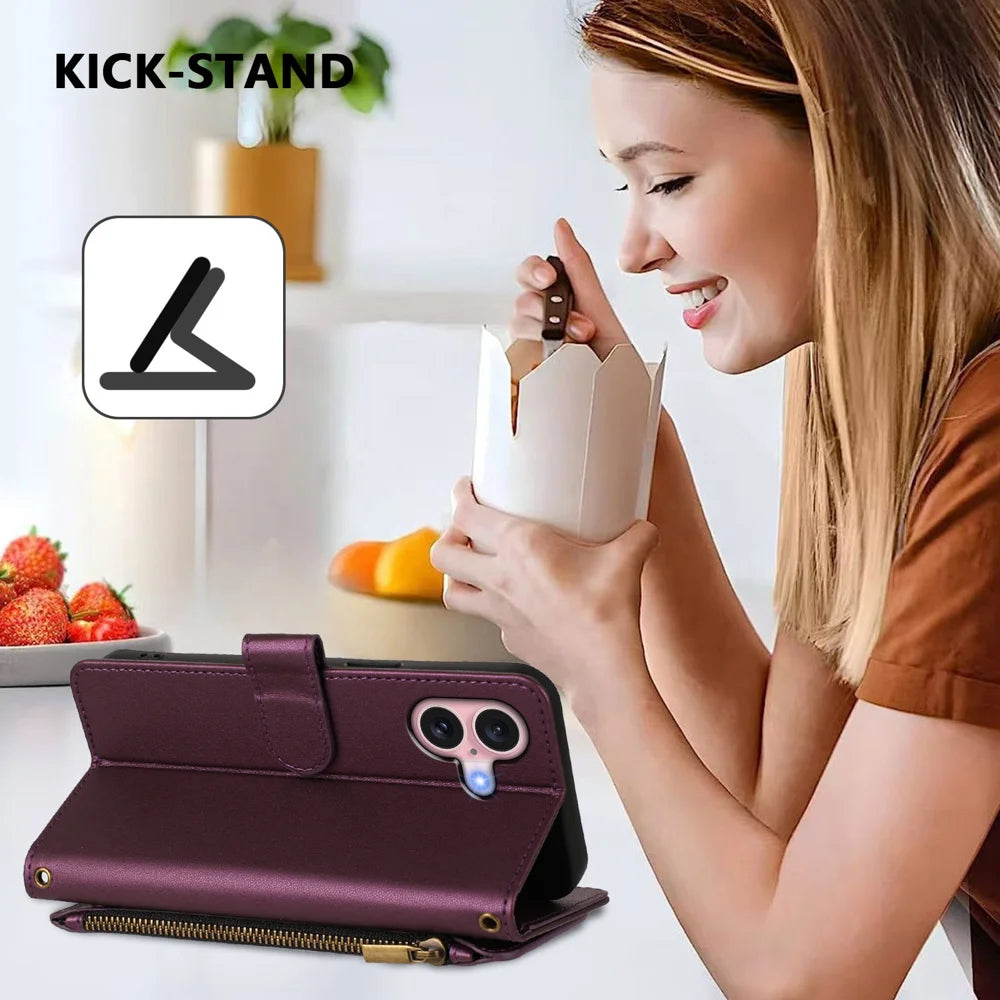 For iPhone 16 Leather Case Butterfly Floral Imprint Zipper Wallet Stand Cover with Wrist Strap - Purple - 3