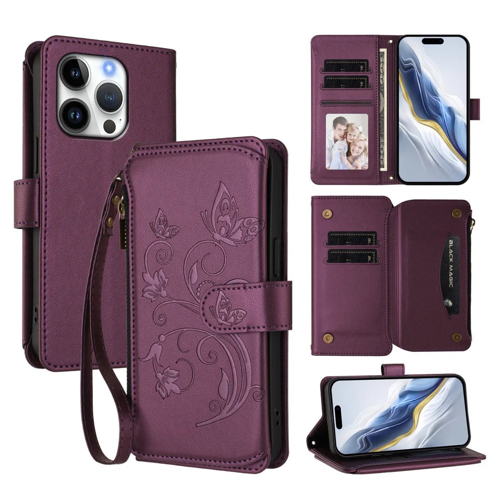 For iPhone 16 Pro Leather Case Butterfly Floral Imprint Zipper Wallet Stand Cover with Wrist Strap - Purple - 1