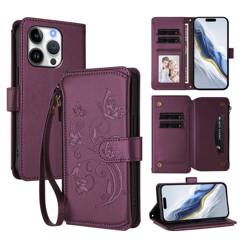 For iPhone 16 Pro Leather Case Butterfly Floral Imprint Zipper Wallet Stand Cover with Wrist Strap - Purple - 1