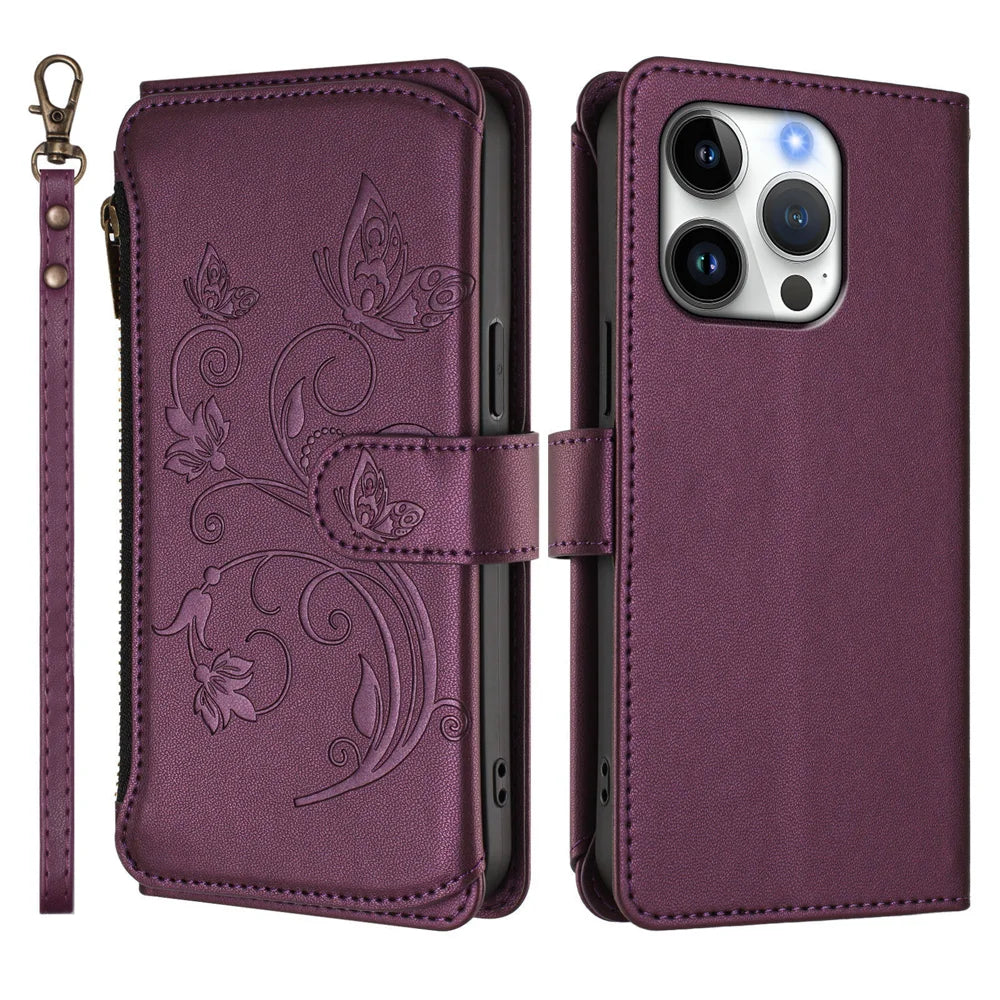 For iPhone 16 Pro Leather Case Butterfly Floral Imprint Zipper Wallet Stand Cover with Wrist Strap - Purple - 2
