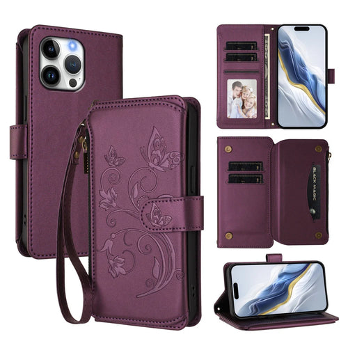 For iPhone 16 Pro Max Leather Case Butterfly Floral Imprint Zipper Wallet Stand Cover with Wrist Strap - Purple - 1
