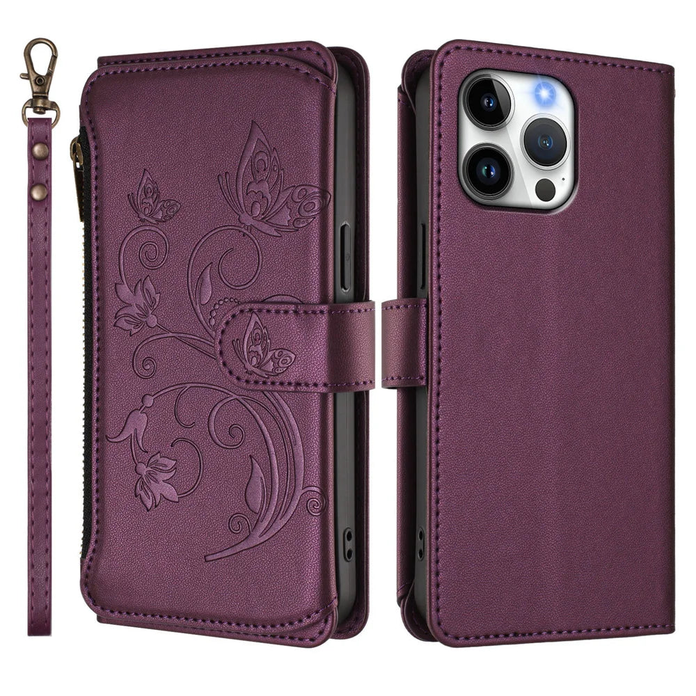 For iPhone 16 Pro Max Leather Case Butterfly Floral Imprint Zipper Wallet Stand Cover with Wrist Strap - Purple - 2