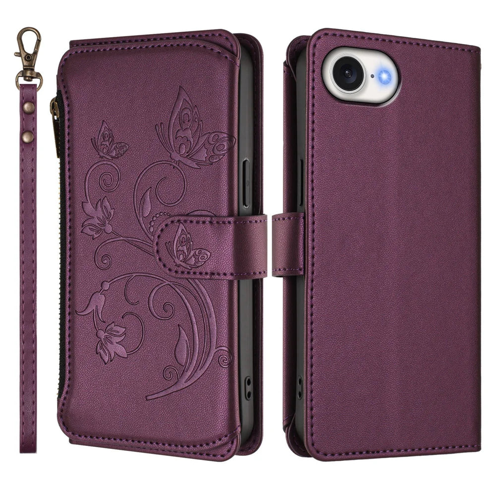 For iPhone 17e / 16e Leather Case Butterfly Floral Imprint Zipper Wallet Stand Cover with Wrist Strap - Purple - 2