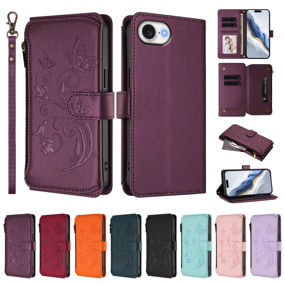 For iPhone 17e / 16e Leather Case Butterfly Floral Imprint Zipper Wallet Stand Cover with Wrist Strap - Purple - 4