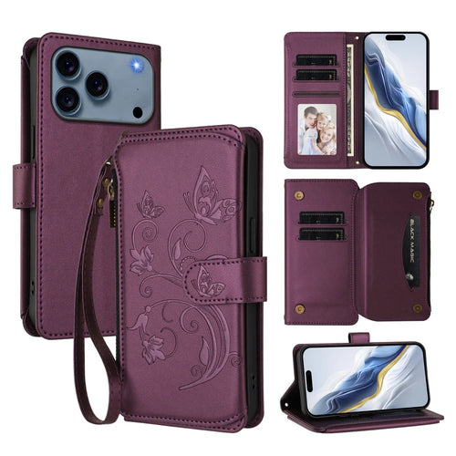 For iPhone 18 Pro Max / 17 Pro Max Leather Case Butterfly Floral Imprint Zipper Wallet Stand Cover with Wrist Strap - Purple - 1
