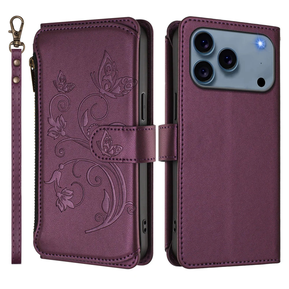 For iPhone 18 Pro Max / 17 Pro Max Leather Case Butterfly Floral Imprint Zipper Wallet Stand Cover with Wrist Strap - Purple - 2