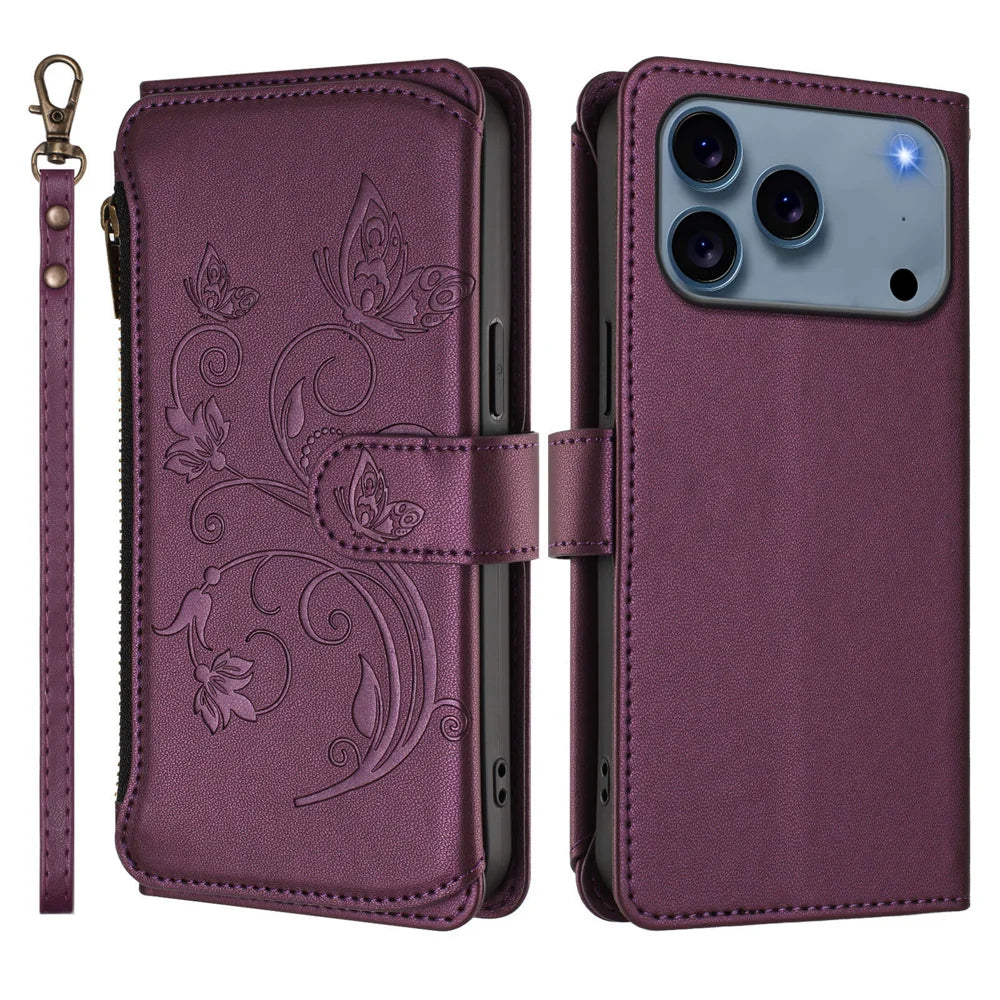 For iPhone 18 Pro / 17 Pro Leather Case Butterfly Floral Imprint Zipper Wallet Stand Cover with Wrist Strap - Purple - 2
