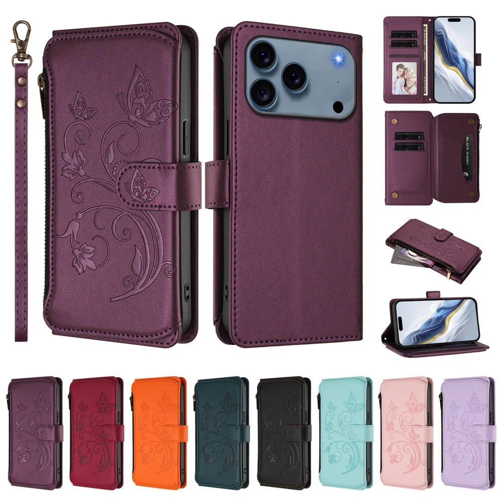 For iPhone 18 Pro / 17 Pro Leather Case Butterfly Floral Imprint Zipper Wallet Stand Cover with Wrist Strap - Purple - 3
