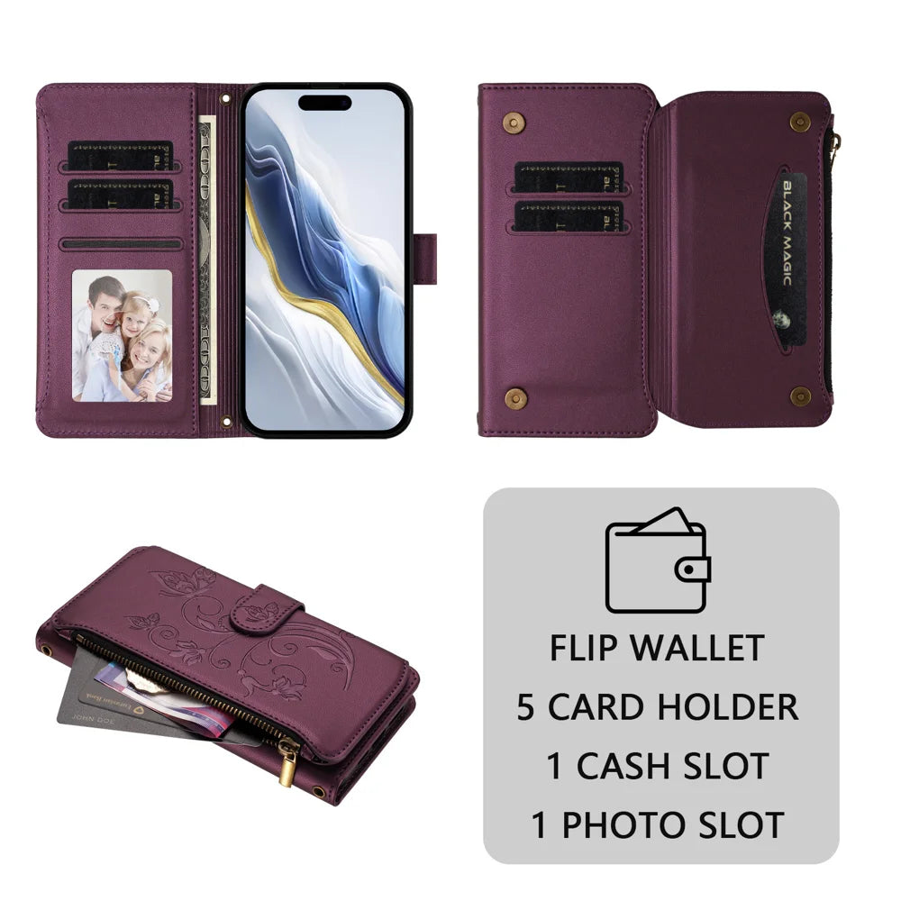 For iPhone 18 Pro / 17 Pro Leather Case Butterfly Floral Imprint Zipper Wallet Stand Cover with Wrist Strap - Purple - 7