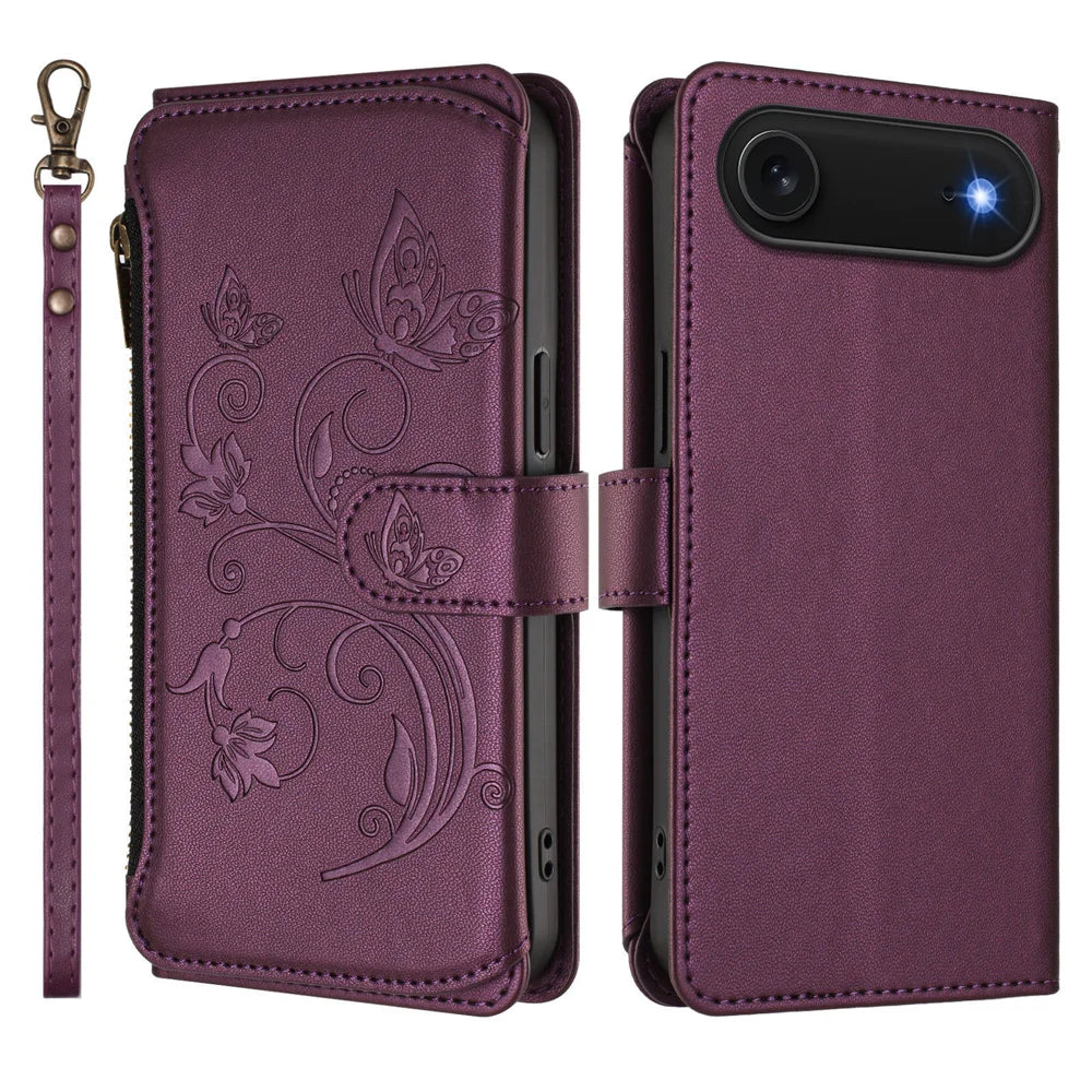 For iPhone Air Leather Case Butterfly Floral Imprint Zipper Wallet Stand Cover with Wrist Strap - Purple - 2