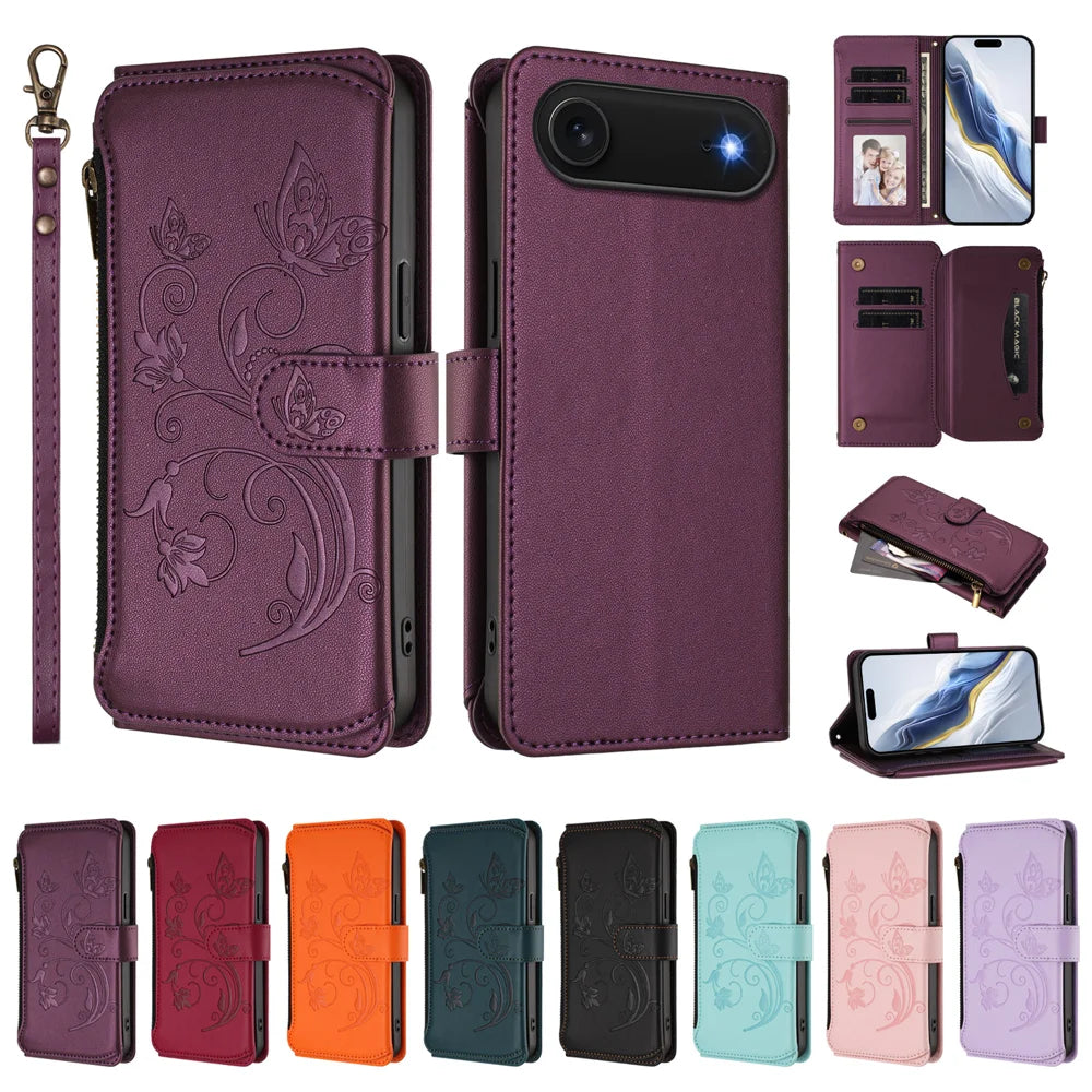 For iPhone Air Leather Case Butterfly Floral Imprint Zipper Wallet Stand Cover with Wrist Strap - Purple - 3