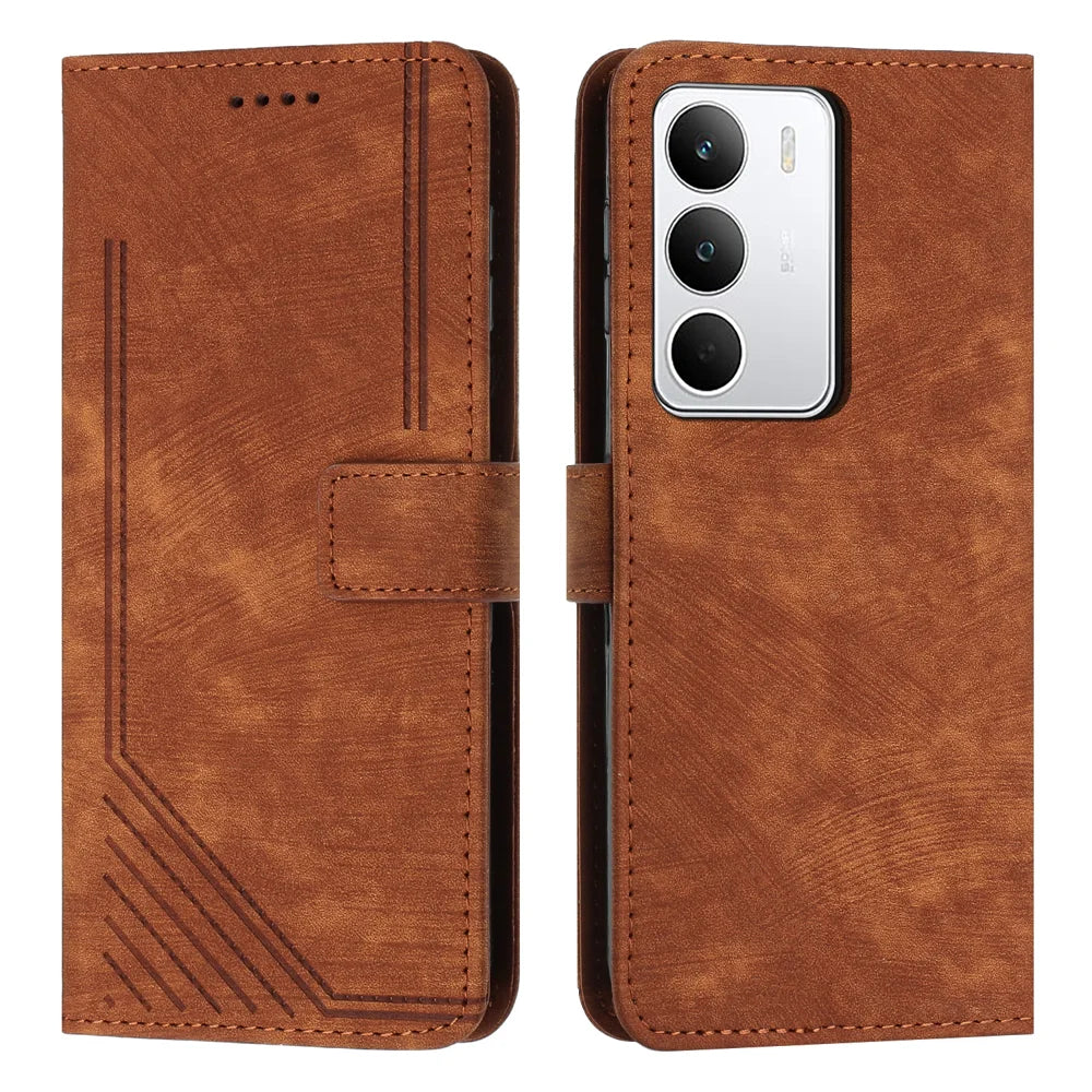 For Realme C71 4G Stand Case Imprinted Lines Leather Phone Cover - Brown - 1