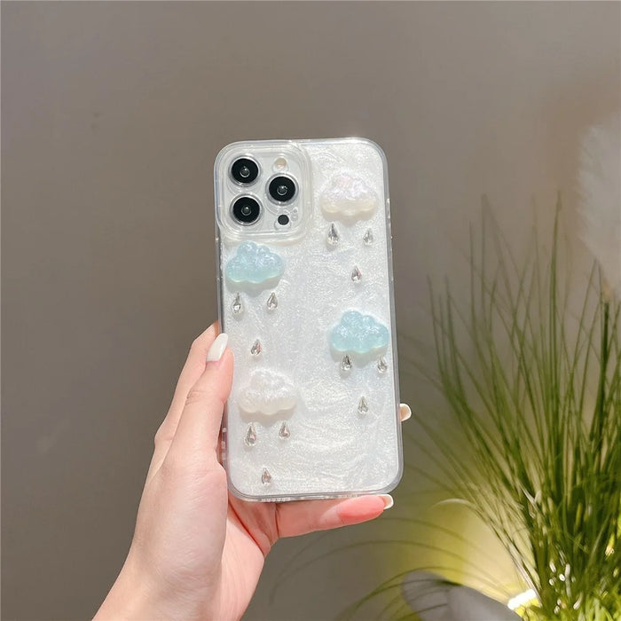 For iPhone 16 Pro Max Case Cute 3D Cloud Rhinestone Decor TPU+PC Phone Cover (Precise Lens Cutouts) - 3