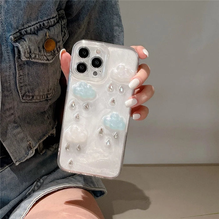 For iPhone 16 Pro Max Case Cute 3D Cloud Rhinestone Decor TPU+PC Phone Cover (Precise Lens Cutouts) - 4