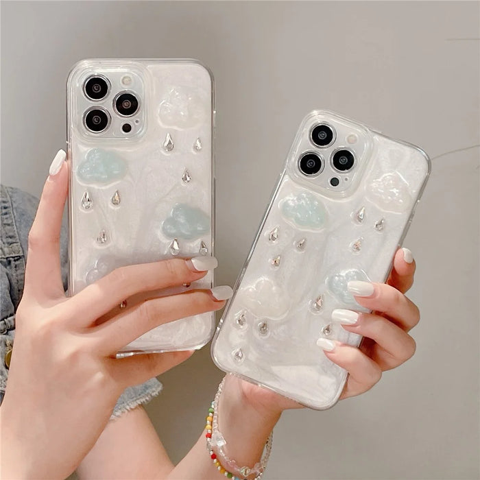 For iPhone 16 Pro Max Case Cute 3D Cloud Rhinestone Decor TPU+PC Phone Cover (Precise Lens Cutouts) - 5