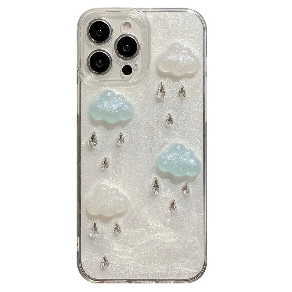 For iPhone 15 Pro Max Case Cute 3D Cloud Rhinestone Decor TPU+PC Phone Cover (Precise Lens Cutouts) - 1