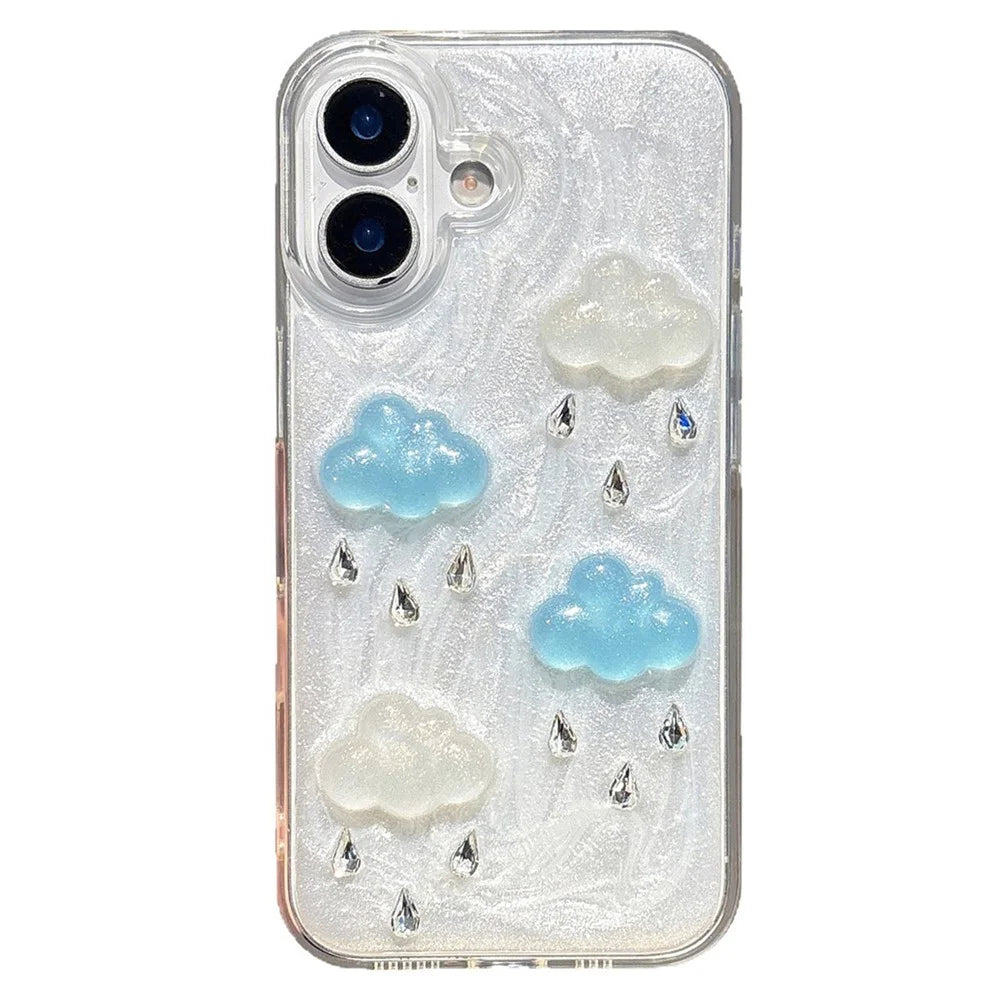 For iPhone 16 Case Cute 3D Cloud Rhinestone Decor TPU+PC Phone Cover (Precise Lens Cutouts) - 1