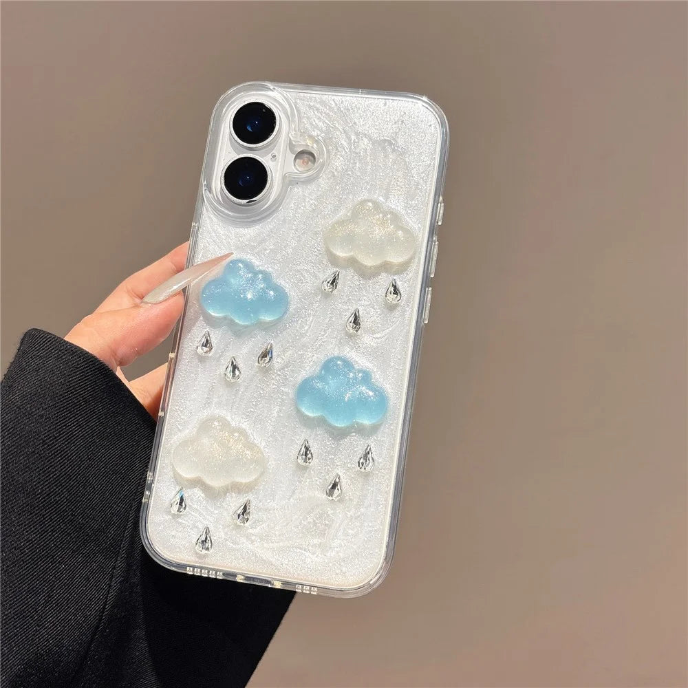 For iPhone 16 Case Cute 3D Cloud Rhinestone Decor TPU+PC Phone Cover (Precise Lens Cutouts) - 2