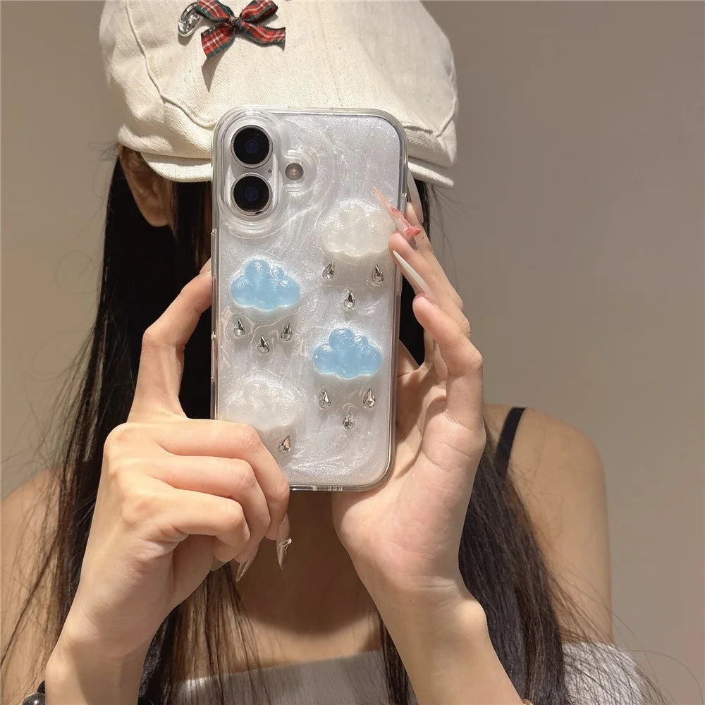 For iPhone 16 Plus Case Cute 3D Cloud Rhinestone Decor TPU+PC Phone Cover (Precise Lens Cutouts) - 3