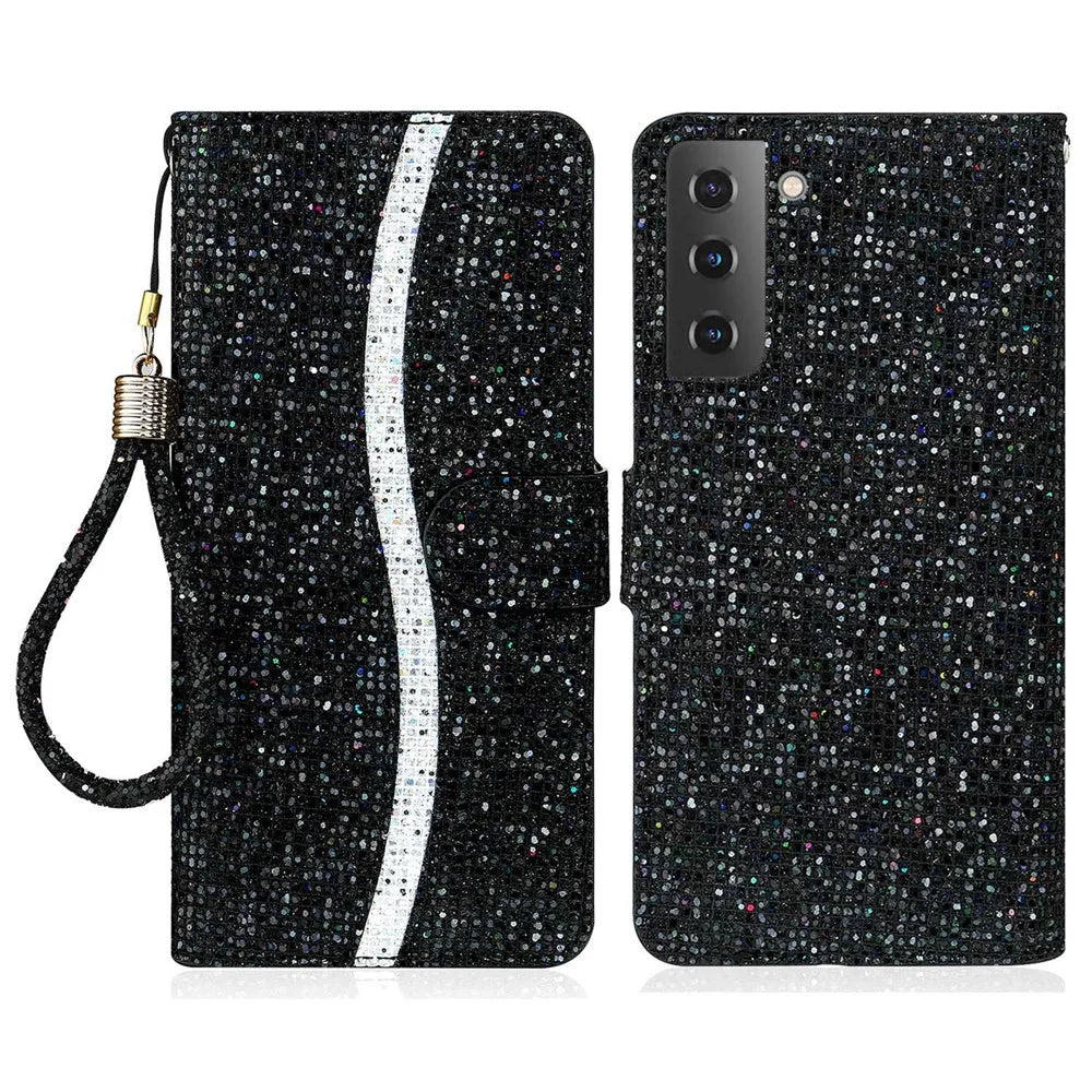 For Samsung Galaxy S23 Glitter Bling Splicing Design PU Leather Phone Wallet Case Flip Stand Protective Shell with Hand Strap - Black - 1