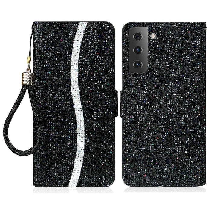 For Samsung Galaxy S23 Glitter Bling Splicing Design PU Leather Phone Wallet Case Flip Stand Protective Shell with Hand Strap - Black - 1