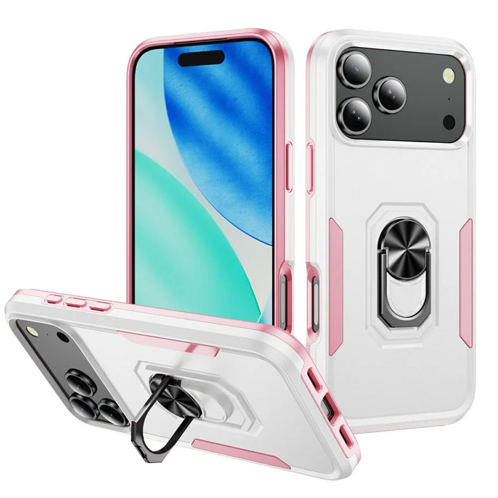 For iPhone 18 Pro Max / 17 Pro Max Case Military Grade Ring Kickstand PC + TPU Phone Cover - White + Pink - 1