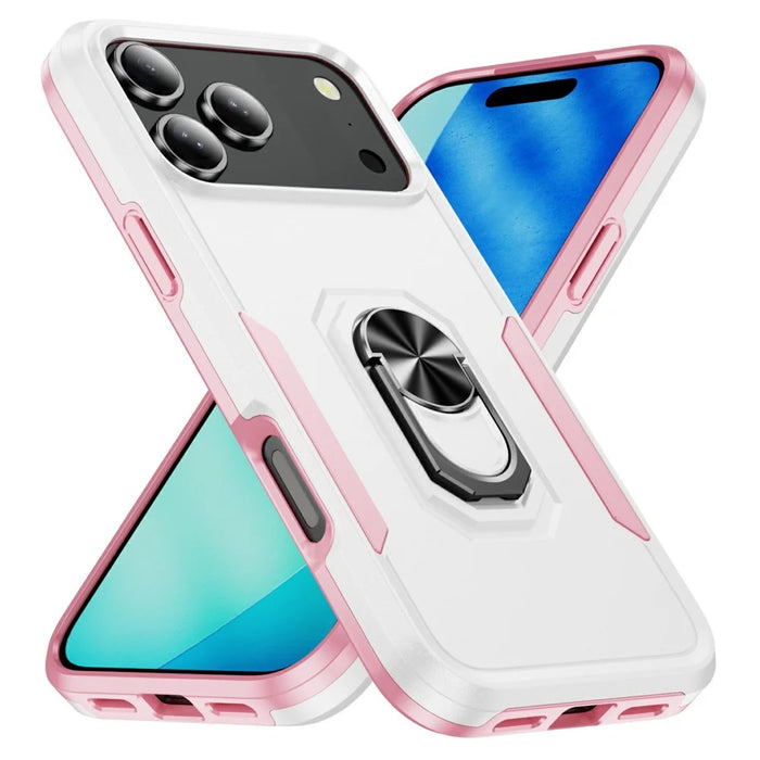 For iPhone 18 Pro Max / 17 Pro Max Case Military Grade Ring Kickstand PC + TPU Phone Cover - White + Pink - 2