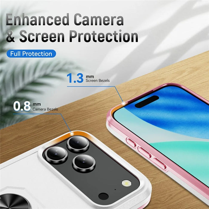For iPhone 18 Pro Max / 17 Pro Max Case Military Grade Ring Kickstand PC + TPU Phone Cover - White + Pink - 3