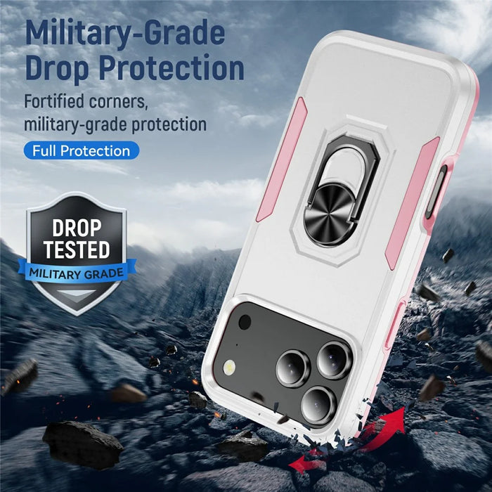 For iPhone 18 Pro Max / 17 Pro Max Case Military Grade Ring Kickstand PC + TPU Phone Cover - White + Pink - 5