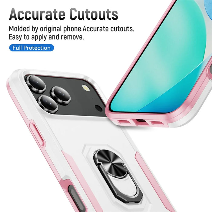 For iPhone 18 Pro Max / 17 Pro Max Case Military Grade Ring Kickstand PC + TPU Phone Cover - White + Pink - 6