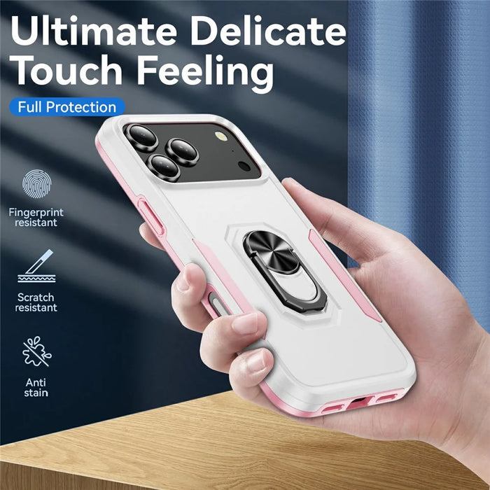 For iPhone 18 Pro Max / 17 Pro Max Case Military Grade Ring Kickstand PC + TPU Phone Cover - White + Pink - 7