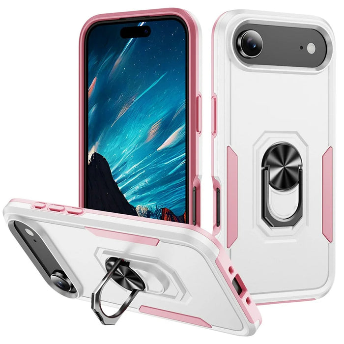 For iPhone Air Case Military Grade Ring Kickstand PC + TPU Phone Cover - White + Pink - 1