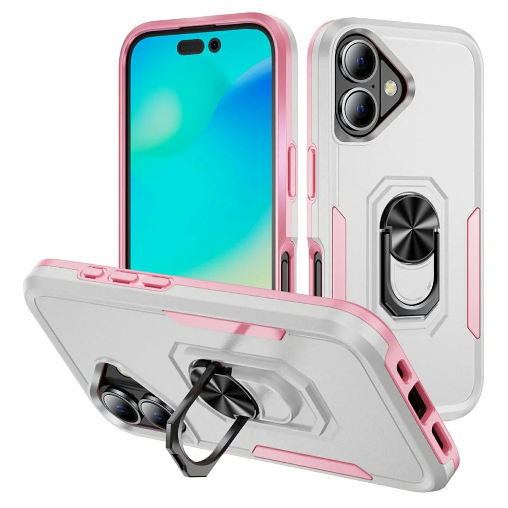For iPhone 17 Case Military Grade Ring Kickstand PC + TPU Phone Cover - White + Pink - 1
