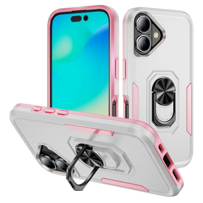 For iPhone 17 Case Military Grade Ring Kickstand PC + TPU Phone Cover - White + Pink - 1