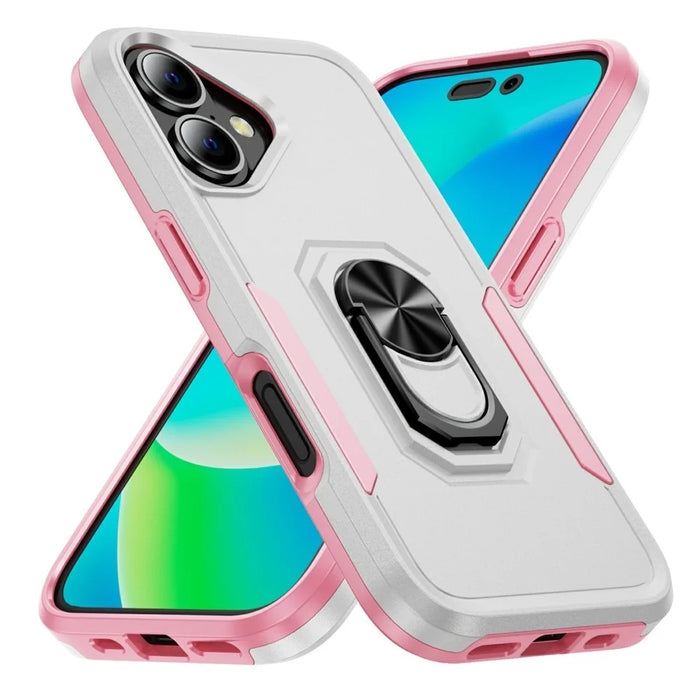 For iPhone 17 Case Military Grade Ring Kickstand PC + TPU Phone Cover - White + Pink - 2