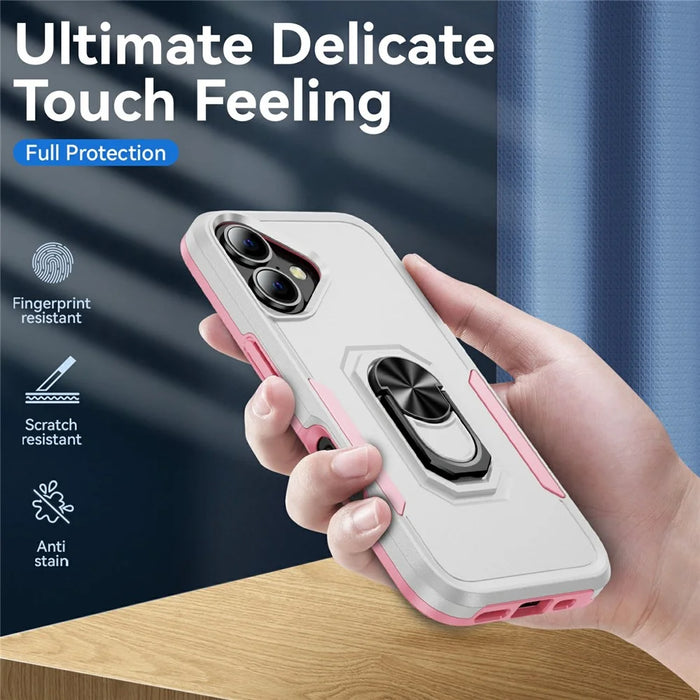 For iPhone 17 Case Military Grade Ring Kickstand PC + TPU Phone Cover - White + Pink - 3