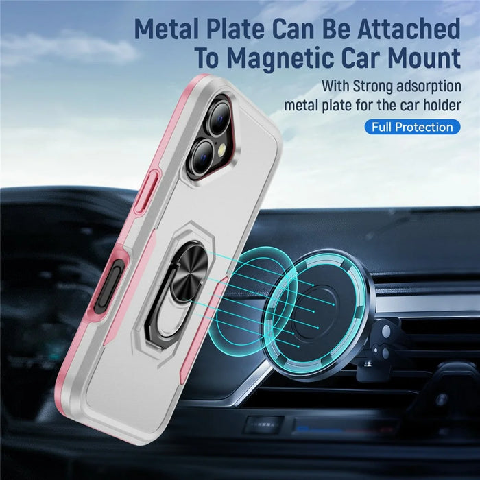 For iPhone 17 Case Military Grade Ring Kickstand PC + TPU Phone Cover - White + Pink - 4