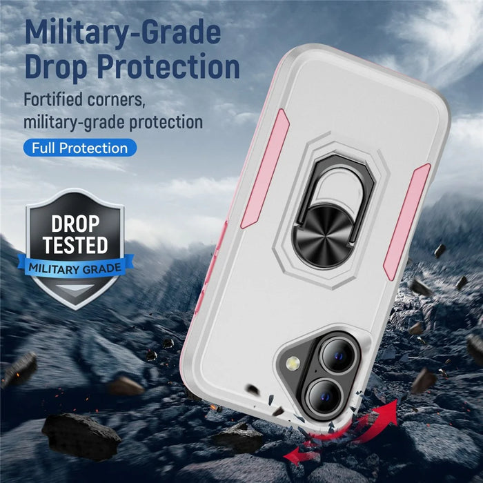 For iPhone 17 Case Military Grade Ring Kickstand PC + TPU Phone Cover - White + Pink - 5