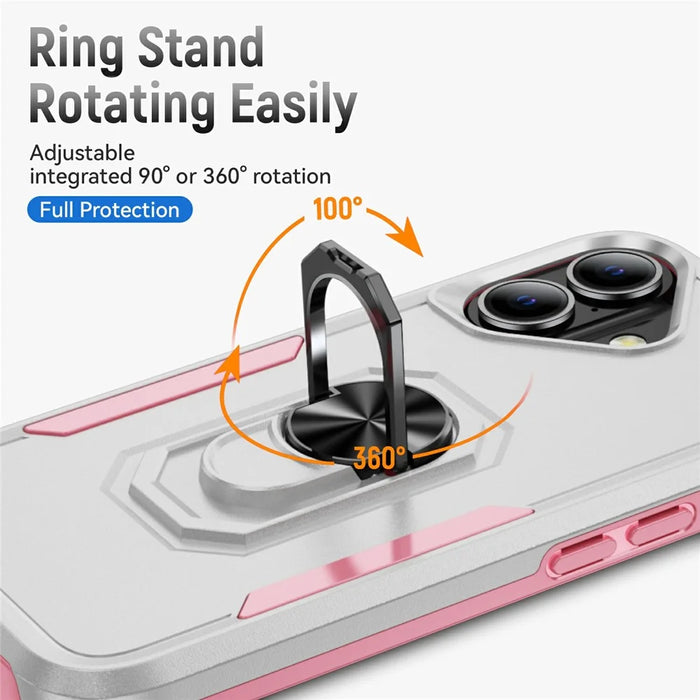 For iPhone 17 Case Military Grade Ring Kickstand PC + TPU Phone Cover - White + Pink - 6