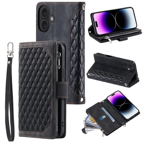 For iPhone 17 Wallet Case Rhombus Stitching Line PU Leather Phone Cover with Wrist Strap - Black - 1