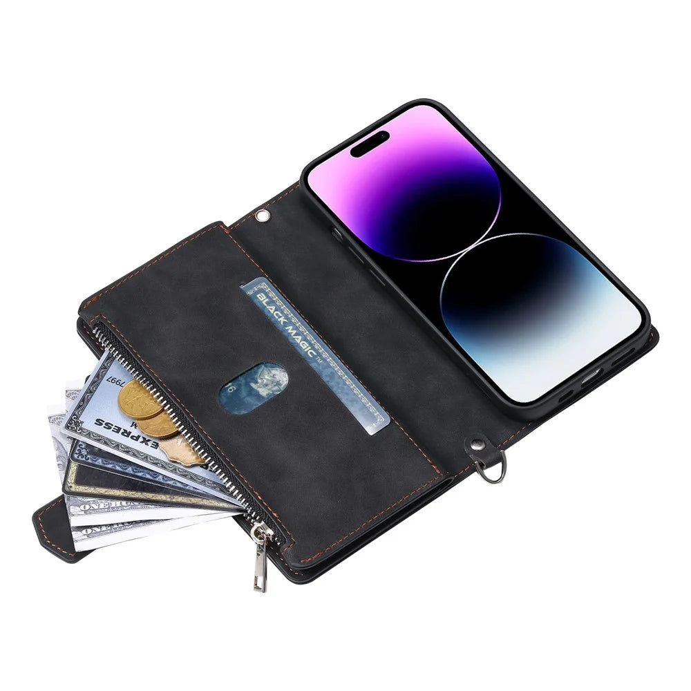 For iPhone 17 Wallet Case Rhombus Stitching Line PU Leather Phone Cover with Wrist Strap - Black - 2
