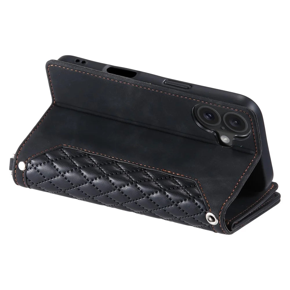 For iPhone 17 Wallet Case Rhombus Stitching Line PU Leather Phone Cover with Wrist Strap - Black - 4