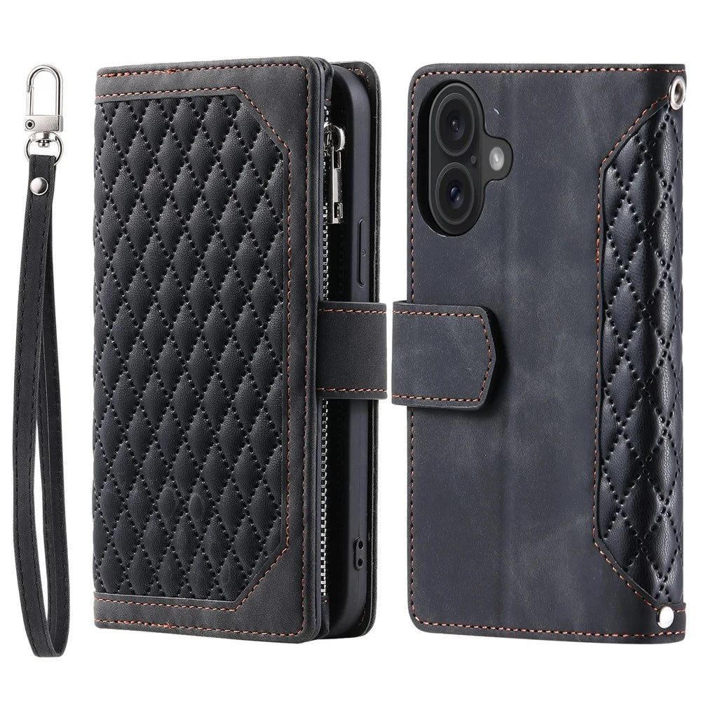 For iPhone 17 Wallet Case Rhombus Stitching Line PU Leather Phone Cover with Wrist Strap - Black - 7