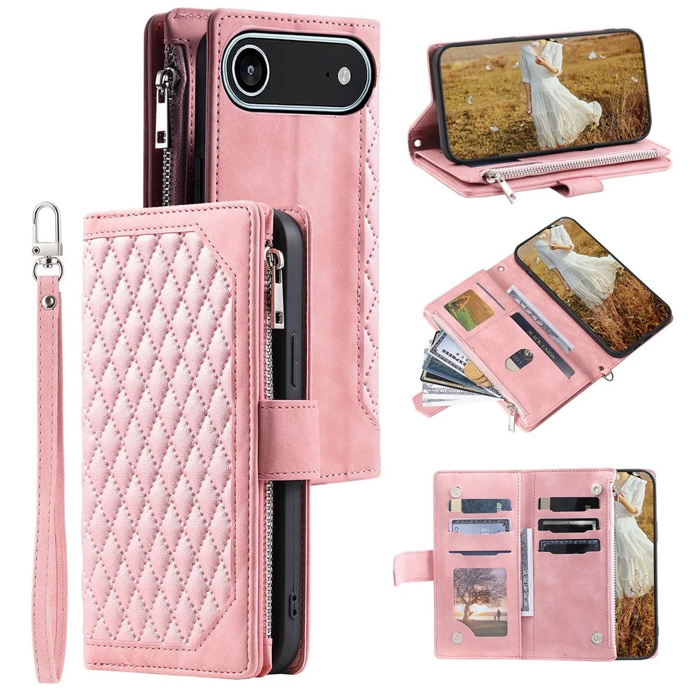 For iPhone Air Wallet Case Rhombus Stitching Line PU Leather Phone Cover with Wrist Strap - Rose Gold - 1