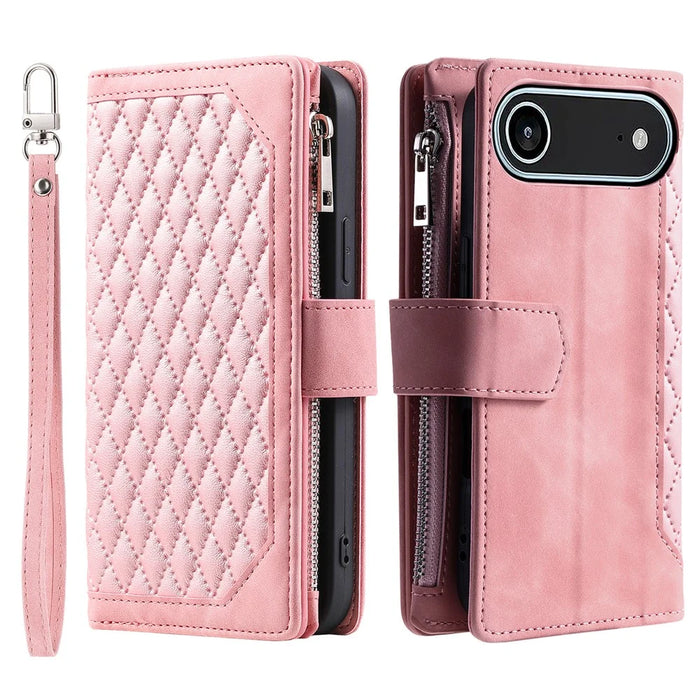 For iPhone Air Wallet Case Rhombus Stitching Line PU Leather Phone Cover with Wrist Strap - Rose Gold - 7